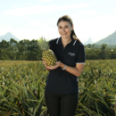 Sales and marketing manager Rebecca Scurr holds a pineapple in a pineapple field, Wamuran